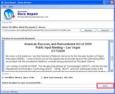 Click to view Repair Word Document 2007 3.5 screenshot